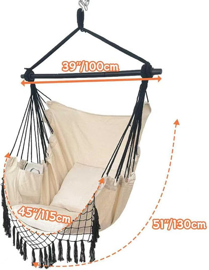 Hammock Chair Hanging Rope Swing Chair,Max 450 Lbs, Large Hanging Chair with Pocket, 2 Cushions, Removable Steel Bar, Hardware Kit Included, Sturdy and Comfortable for Indoor Outdoor (Beige)