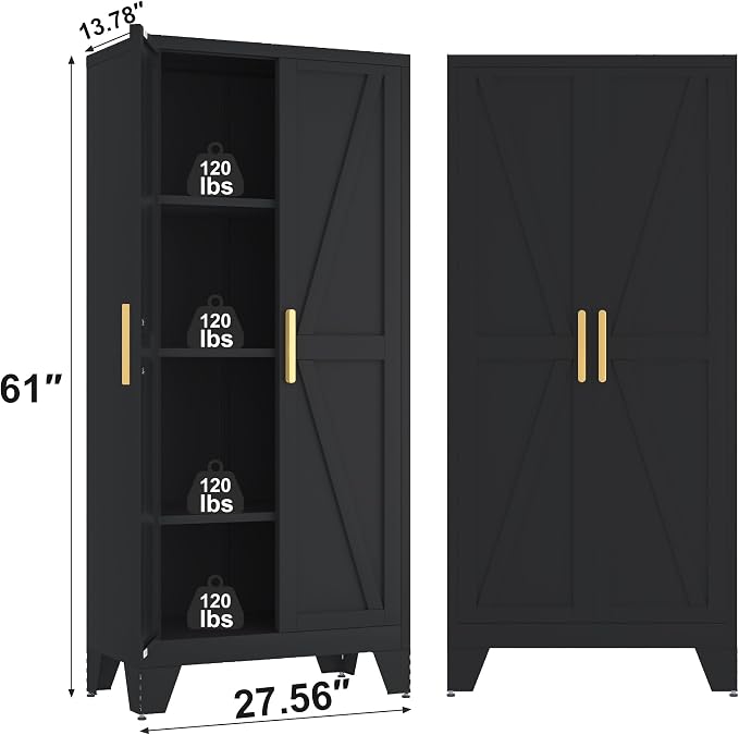 Baborokic 61H Metal Storage Cabinet with 2 Doors and Adjustable Shelves,Farmhouse Storage Cabinet with Barn Doors,Pantry Storage for Home,Office,Dining Room,Kitchen(Black)