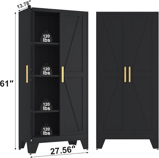 Baborokic 61H Metal Storage Cabinet with 2 Doors and Adjustable Shelves,Farmhouse Storage Cabinet with Barn Doors,Pantry Storage for Home,Office,Dining Room,Kitchen(Black)