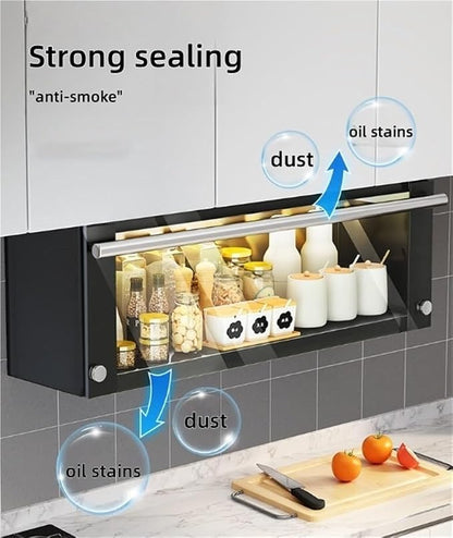 Modern Pull Down Cabinet Organizer Multifunctional Pantry Shelf with Transparent Glass Panel Space-Saving Kitchen Closet Storage,Ideal for Home