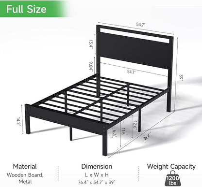 Z-hom Full Metal Bed Frame with Wooden Headboard and Footboard, Heavy Duty Platform Frame with Metal Slats, No Box Spring Needed, Quiet and Non-Slip Design, Space Saving Bed Frame for Bedroom,Black