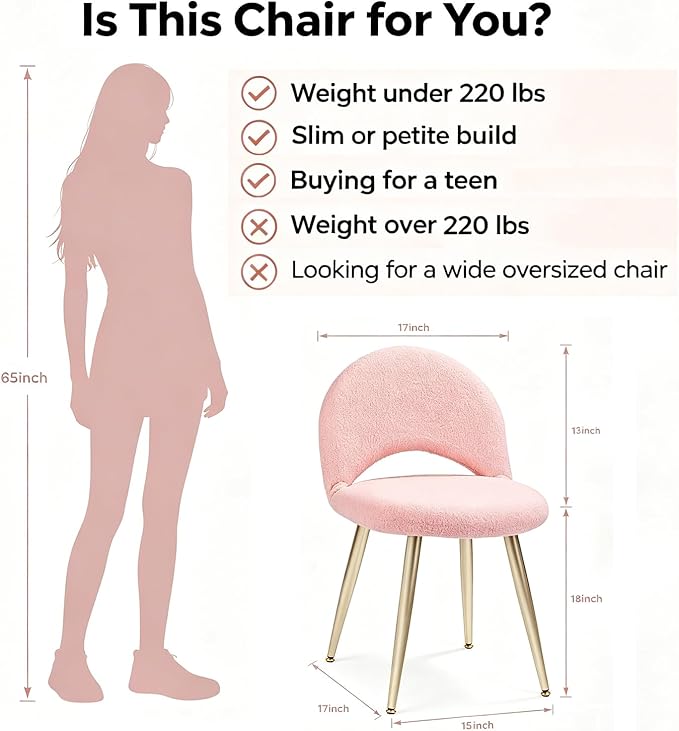 Vanity Chair with Backrest, Boucle Upholstery Armless Makeup Stool, Pink Vanity Stool with Gold Metal Legs for Bedroom Living Room Kitchen Dinning Room (Gold and Pink)