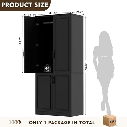 MEISSALIVVE Armoire Wardrobe Closet with 4 Door, 74.8" Large Wardrobe Cabinet with Hanging Rod, Freestanding Modern Bedroom Armoire Storage Cabinet, Black