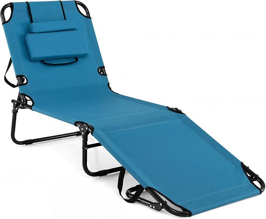 GYMAX Beach Lounge Chair, Sunbathing Chair Patio Lounge Chair Folding Adjustable Recliner with Hole for Face