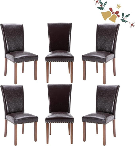 Parsons Dining Chairs Set of 6, Upholstered Nailhead PU Leather Dining Room Kitchen Side Chair with Thick Cushions and Wood Legs, Dark Brown
