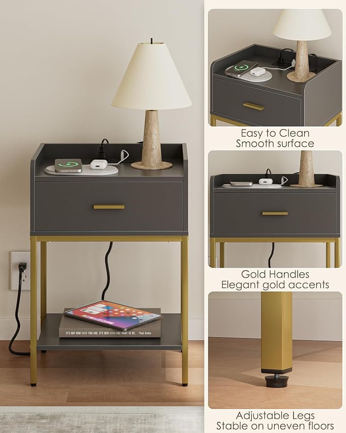 Masupu Nightstand with Charging Station,3-Tier Modern Bedside Night Stand with Storage Drawer and Shelf,Small End Side Table for Bedroom,Living Room,Grey