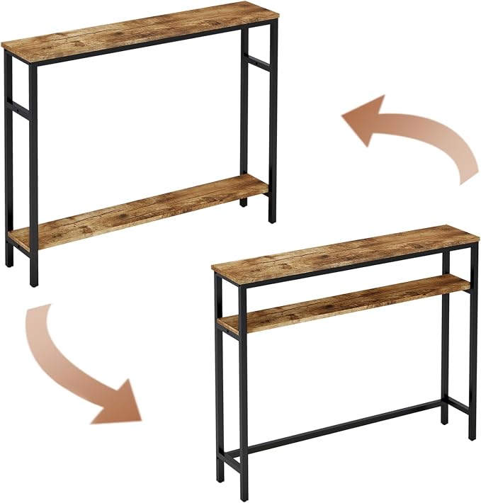 Timberer Narrow Console Table, 39.4” Sofa Table with Adjustable Shelf, 2-Tier Long Skinny Table for Hallway, Entryway, Living Room, Foyer, Rustic Brown