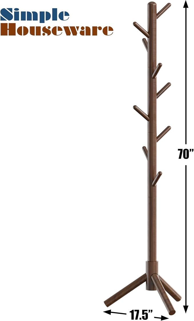 Simple Houseware Wooden Coat Rack Stand Garment Adjustable Tree Rack, 9 Hooks, Walnut