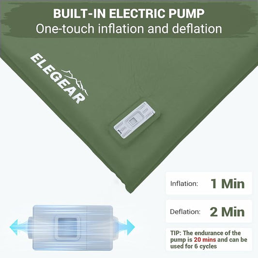 Elegear CumbreX™ Self Inflating Sleeping Pad, Built-in Electric Pump 3.15" Ultra-Thick Memory Foam Camping Mattress with Pillow Sleeping Pad for Camping R-Value 9.5 Foam Camping Pad Army Green Single