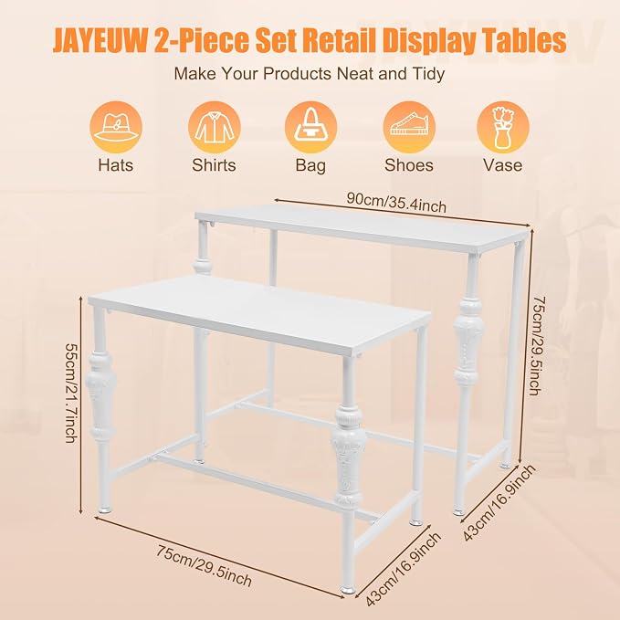 Retail Display Tables White Boutique Nesting Tables | 2 Piece Set, Vintage Display Table, Clothing Shoes Display Shelf, For Retail Stores, Carbon Steel