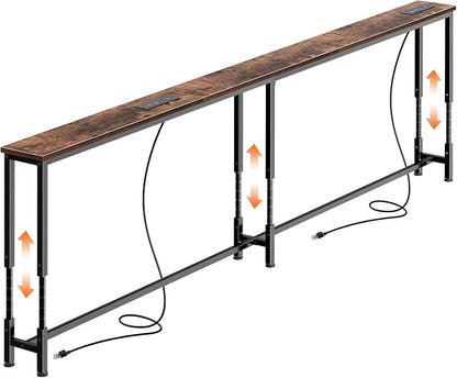 Huuger 78.7 Inch Sofa Table with Power Outlets, 23.9’’-34.4’’ Height Adjustable Range, Behind Couch Table with USB-C Ports, Sofa Tables Narrow Long, Skinny Console Table, Small Spaces, Rustic Brown