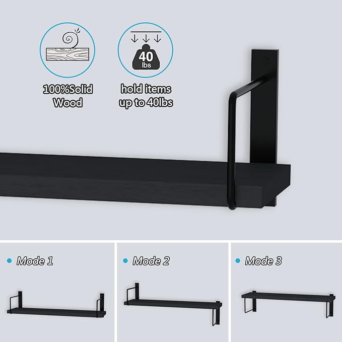 Floating Shelves, 24 Inches Easy to Install Wall Mounted Shelves, Set of 3, Rustic Wood Shelves for Wall Decor, Storage Shelves for Living Room (Black)