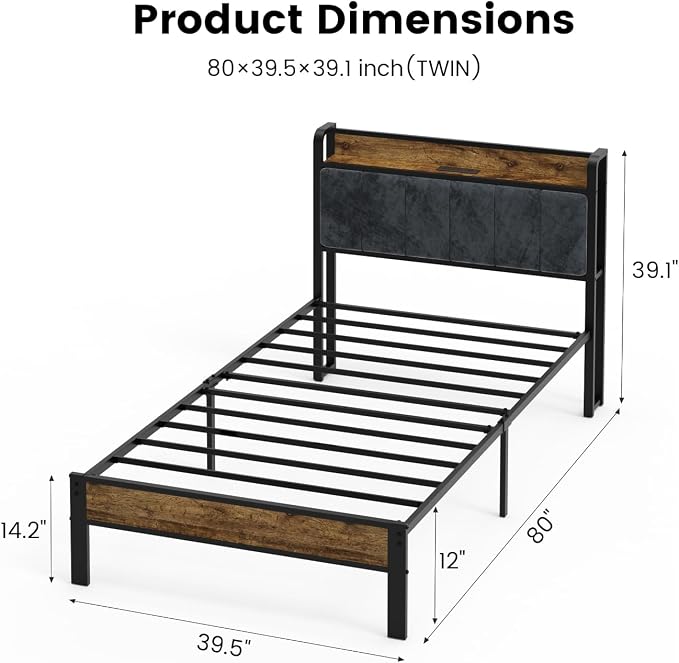 ALBERTO Bed Frame Twin Size with USB Charging Station and Smart LED Lights, Upholstered Storage Headboard, Heavy Duty Metal Platform Bed Noise Free, No Box Spring Needed, Easy Assembly