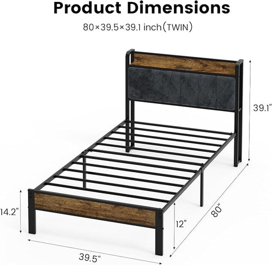 ALBERTO Bed Frame Twin Size with USB Charging Station and Smart LED Lights, Upholstered Storage Headboard, Heavy Duty Metal Platform Bed Noise Free, No Box Spring Needed, Easy Assembly