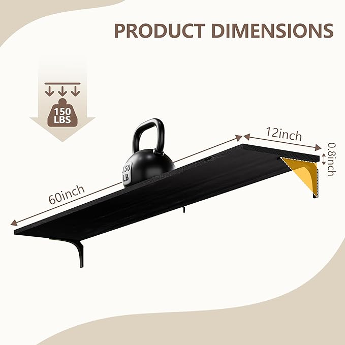 12 Inch Deep Floating Shelves Set of 4, 60 Inch Extra Wide Black Solid Wood Wall Shelves, 5ft Heavy Duty Farmhouse Wall Mounted Shelving for Kitchen, Living Room & Bedroom