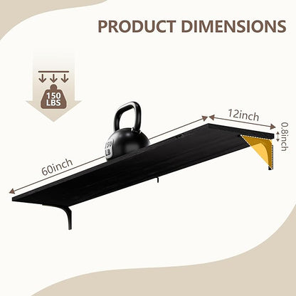 12 Inch Deep Floating Shelves Set of 4, 60 Inch Extra Wide Black Solid Wood Wall Shelves, 5ft Heavy Duty Farmhouse Wall Mounted Shelving for Kitchen, Living Room & Bedroom