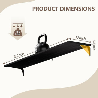 12 Inch Deep Floating Shelves Set of 2, 60 Inch Extra Wide Black Solid Wood Wall Shelves, 5ft Heavy Duty Farmhouse Wall Mounted Shelving for Kitchen, Living Room & Bedroom