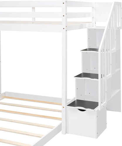 Ball & Cast Twin Over Full Bunk Bed with Safty Guardrail & Storage Stairs,Wood Bedframe W/ 3-Layer Shelves & Drawers,Easy Assembly,Space Saving,Compact Bedroom Furniture Set for Boy Girl Teens,White
