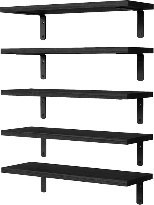 DOLLFIO Floating Shelves, 5 Sets Wall Shelves, Wood Floating Shelves for Bedroom Wall Décor, Wall Mounted Floating Bathroom Shelf for Storage, Floating Book Shelf, Living Room – Black