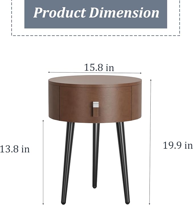 Round Nightstand Set of 2 with Single Drawer, Modern Bedside Table with Metal Legs for Bedroom, Leather Side Table, Small Accent End Table, Brown