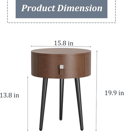 Round Nightstand Set of 2 with Single Drawer, Modern Bedside Table with Metal Legs for Bedroom, Leather Side Table, Small Accent End Table, Brown