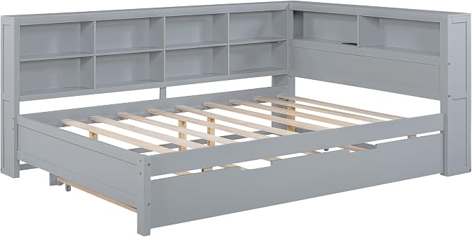 Bellemave Full Corner Bed Frame with Trundle, Wood Full Size Daybed with L-Shaped Bookcase，Daybed with Storage Cabinets, Gray