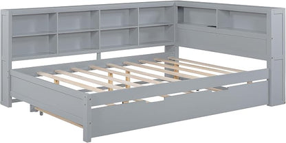 Bellemave Full Corner Bed Frame with Trundle, Wood Full Size Daybed with L-Shaped Bookcase，Daybed with Storage Cabinets, Gray