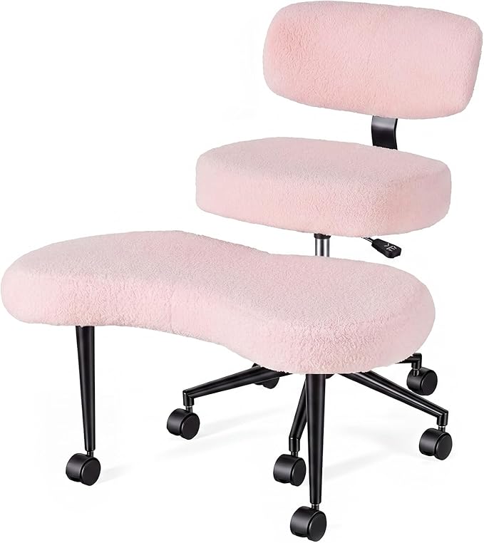 DUMOS Ergonomic ADHD Cross Legged Office Desk Chair with Adjustable Backrest, Height Adjustable Meditation Chair with 360° Swivel Footstool, Teddy Fleece Yoga Stool for Home Office, Pink