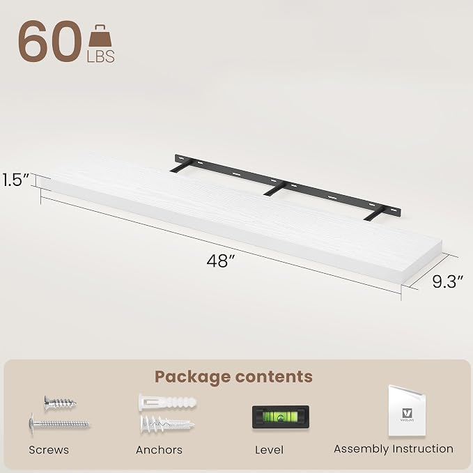 Vivelove White Floating Shelves 48 Inches Long, Wall Display Shelves with Invisible Brackets, for Bathroom Living Room Kitchen Bedroom Office Farmhouse Home Decor, 48x9.3X 1.5 - Set of 2, White