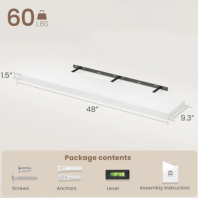 Vivelove White Floating Shelves 48 Inches Long, Wall Display Shelves with Invisible Brackets, for Bathroom Living Room Kitchen Bedroom Office Farmhouse Home Decor, 48x9.3X 1.5 - Set of 1, White