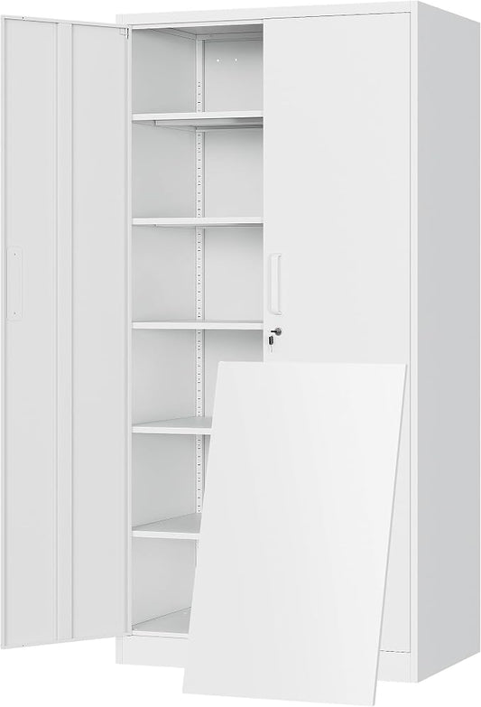 Yizosh Metal Storage Cabinet with Locking Doors and 5 Adjustable Shelves,- 72" Garage Storage White Steel Lockable File Cabinet for Office,Home,Garage
