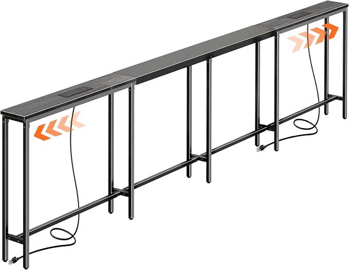 Huuger Narrow Sofa Table with 2 Power Outlets, 110.2-157.5 Inch Adjustable Length, Behind the Couch Table with USB-C Port, Long Entryway Console Table, Anti-tip Kit, for Living Room, Grey