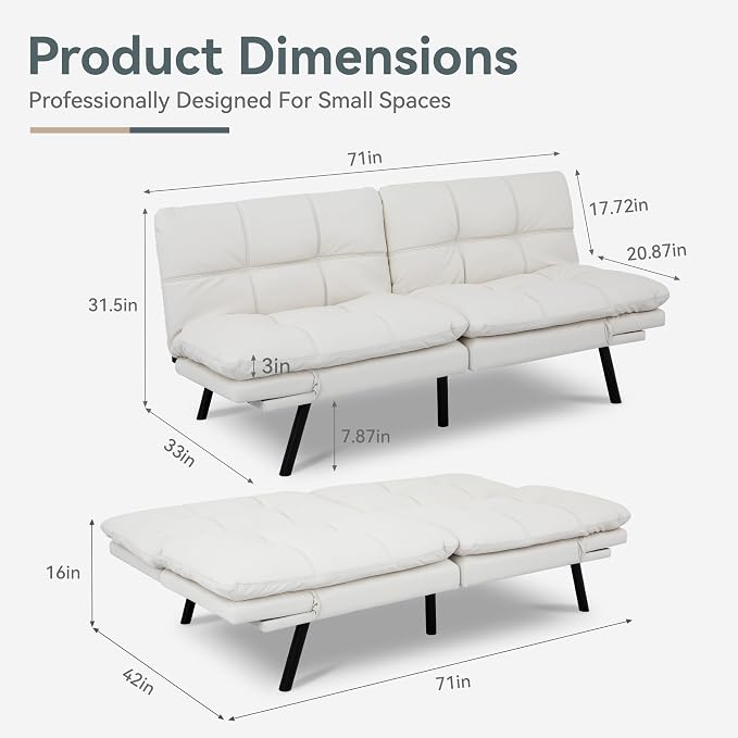 Futon Sofa Bed Convertible Couch, White Faux Leather Sofa Bed with Memory Foam, Adjustable Backrest & Armrests, Multifunctional Small Loveseat Sleeper Sofa for Living Room, Apartment, Office