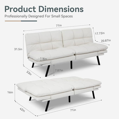 Futon Sofa Bed Convertible Couch, White Faux Leather Sofa Bed with Memory Foam, Adjustable Backrest & Armrests, Multifunctional Small Loveseat Sleeper Sofa for Living Room, Apartment, Office