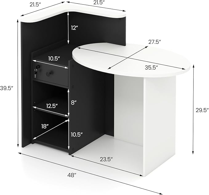 Reception Desk, Retail Checkout Counter w/Lockable Drawer & Open Shelves, Computer Workstation, Small Front Desk Reception Counter for Company Lobby Store Salon Office (White & Black)