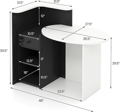 Reception Desk, Retail Checkout Counter w/Lockable Drawer & Open Shelves, Computer Workstation, Small Front Desk Reception Counter for Company Lobby Store Salon Office (White & Black)
