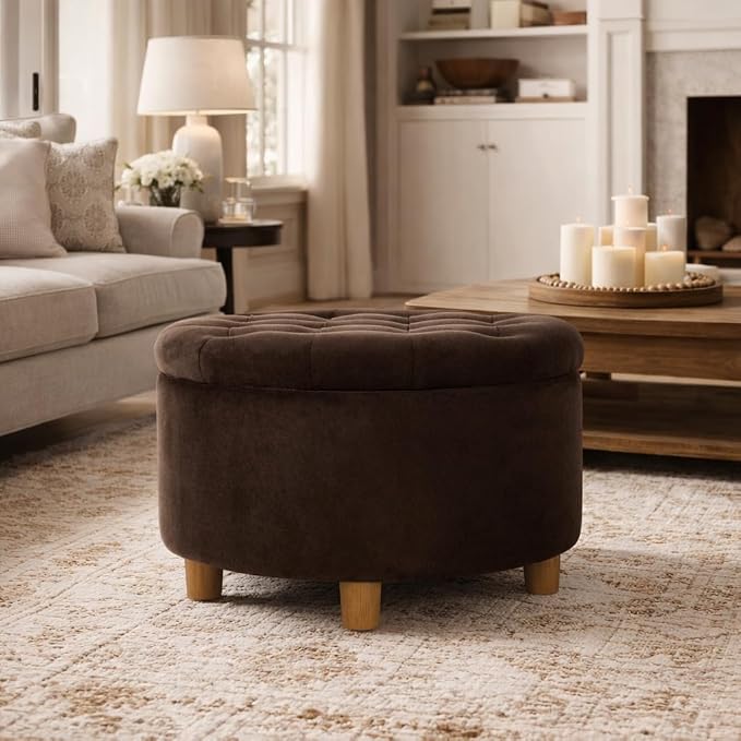 HomePop 28" Button Tufted Velvet Round Storage Ottoman - Chocolate Brown Velvet