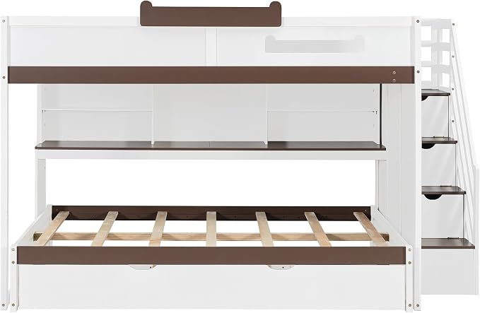 Wood Bunk Bed Full Over Full Size with Storage Staircase and Shelves, Bunk Beds Frame with Trundle and LED for Kids Teens, Space-Saving (White-12.15)