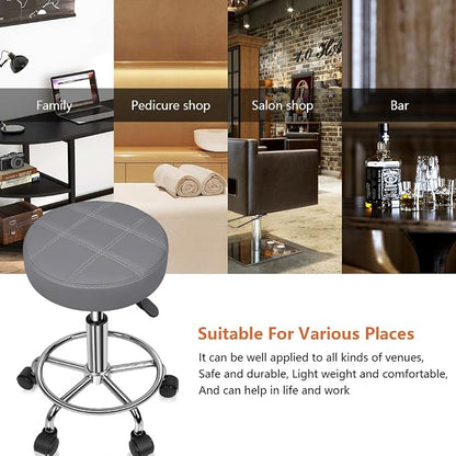 KKTONER Round Rolling Stool Chair PU Leather Height Adjustable Swivel Drafting Work SPA Shop Salon Stools with Wheels Office Chair Small (Gray)