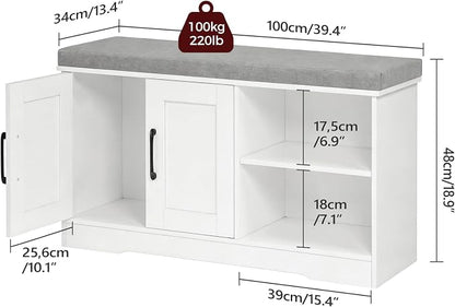 MAHANCRIS Storage Bench, 39.4" Wide Shoe Bench with Padded Seat Cushion, Entryway Bench with 2 Doors and Adjustable Shelf, End of Bed Bench, for Hallway, Bedroom, White and Gray BSWT1201
