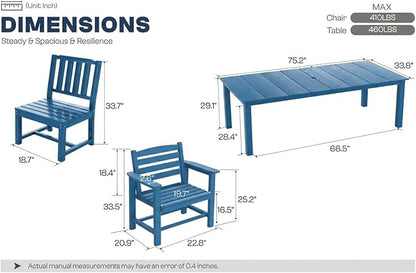 Perli™ 9-Piece Outdoor Dining Set, All-Weather HDPE Patio Furniture with 8 Ergonomic Chairs & Large Table, Built-in Umbrella Hole, UV-Resistant Set for Backyard, Deck, Poolside, Blue