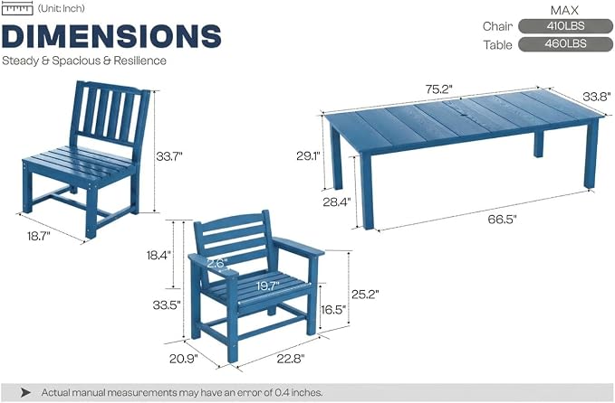 Perli™ 5-Piece Outdoor Dining Set, All-Weather HDPE Patio Furniture with 4 Armrest Chairs and Rectangular Table, UV-Resistant 4-Person Set for Deck, Backyard, Blue