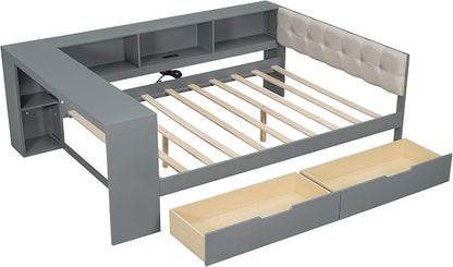 Ball & Cast Full Size Wood Daybed with Storage Shelves and Built-in Desk,Platform Bed w/Under-Bed Drawers & Charging Station,Upholstered Headboard,No Box Spring Needed,for Student Dorms,Gray