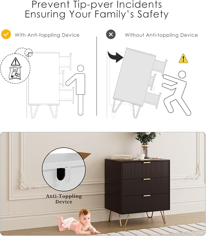 Fluted 3 Drawer Dresser for Bedroom, Modern Storage Bedroom Dresser Chest Cabinet Organizer with Anti-Tip Hardware for Living Room, Dressing Room, Kids Room, Office (Black)