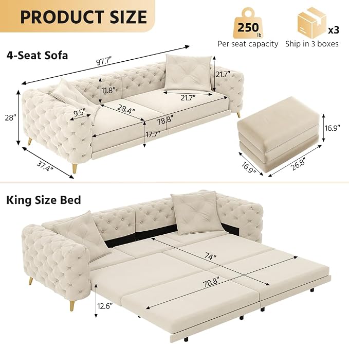 97.7'' Pull Out Sofa Bed King, Chesterfield Velvet Sleeper Sofa, Convertible L-Shaped Futon Couch, Tufted Back, 2 Pillows, Ottoman, Deep Seat Loveseat Couches for Living Room, Apartment, Beige