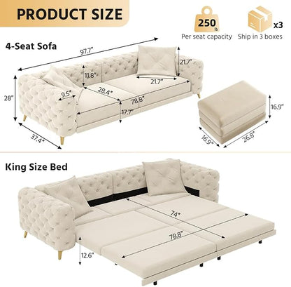 97.7'' Pull Out Sofa Bed King, Chesterfield Velvet Sleeper Sofa, Convertible L-Shaped Futon Couch, Tufted Back, 2 Pillows, Ottoman, Deep Seat Loveseat Couches for Living Room, Apartment, Beige
