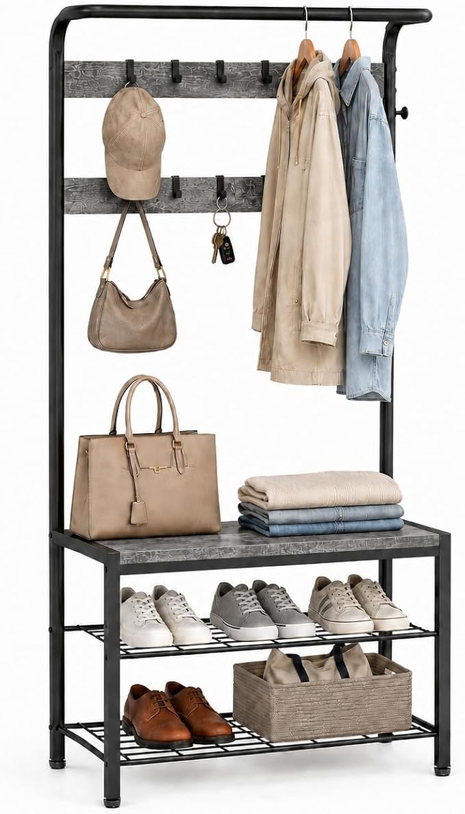 Simple Deluxe 4-in-1 Entryway Coat Rack, Hall Tree with Bench and Shoe Storage, Mudroom Bench with Storage and 10 Hooks Hall Tree Organizer for Entryway, Bedroom, Grey