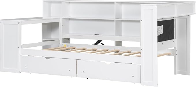 Bellemave Twin Corner Bed with Storage Shelves and Desk, Upholstered Headboard Daybed with Bookcase and Drawers，Daybed with Storage, White+Beige Cushion