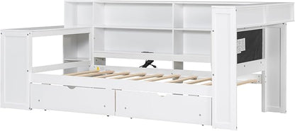 Bellemave Twin Corner Bed with Storage Shelves and Desk, Upholstered Headboard Daybed with Bookcase and Drawers，Daybed with Storage, White+Beige Cushion