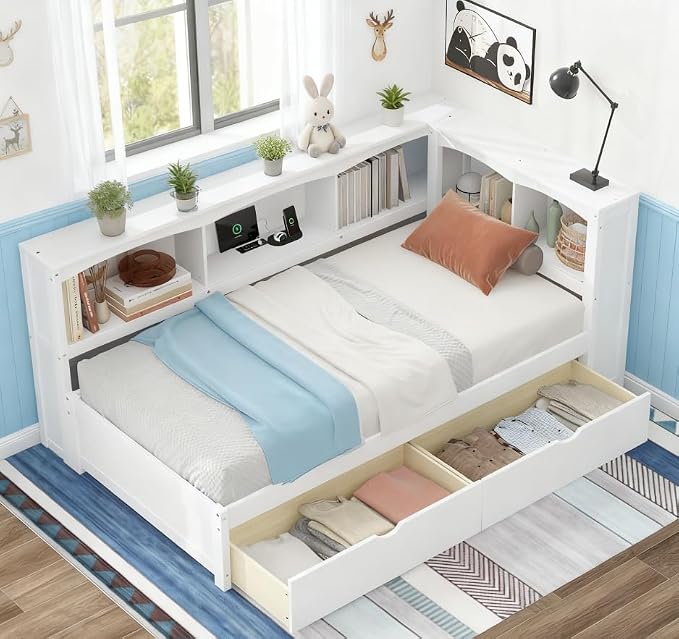 Bellemave Twin Corner Bed Frame with USB Ports, Wood Twin Size Daybed with L-Shaped Bookcase and 2 Drawers，Daybed with Storage Cabinets, White